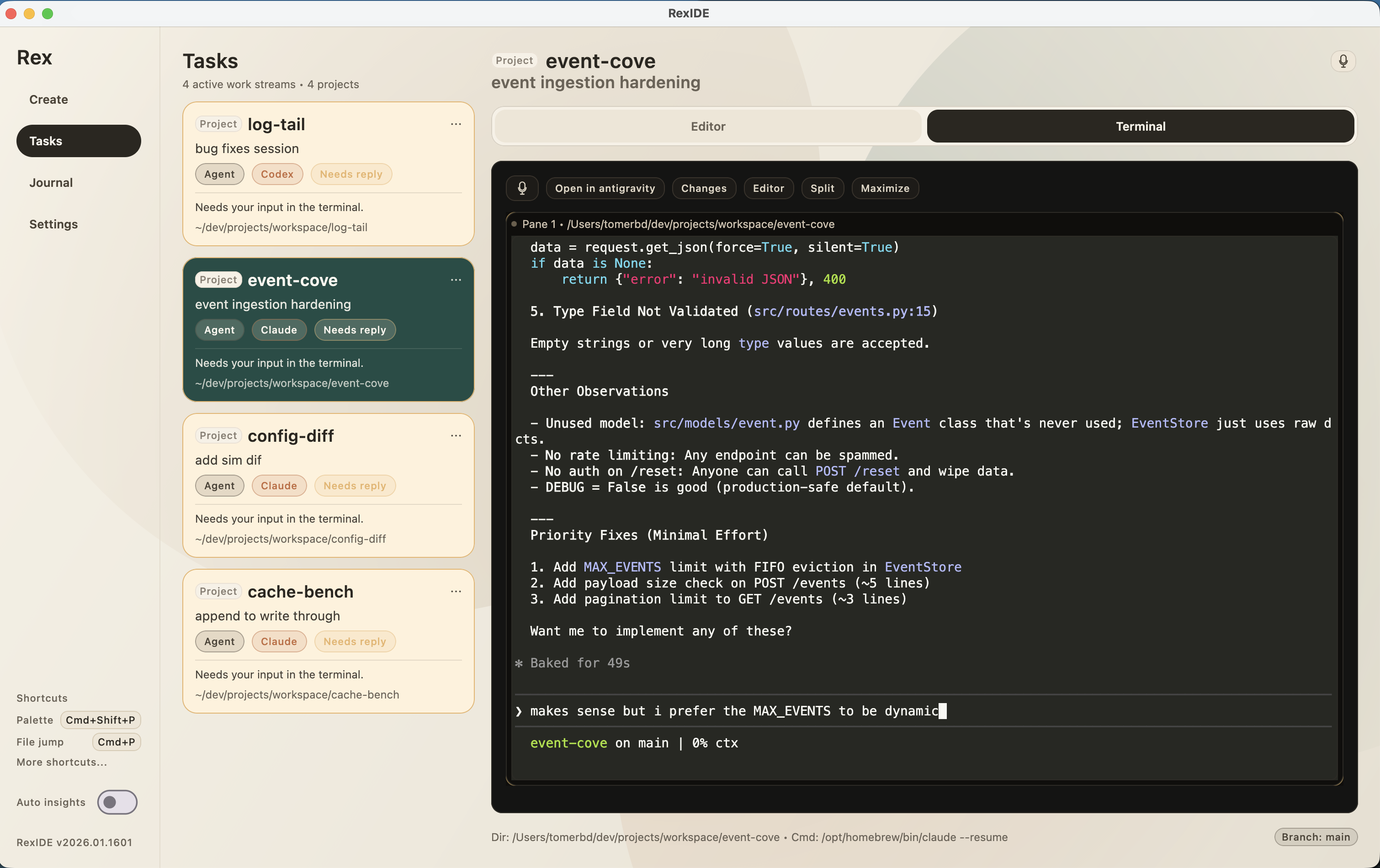 Multi-project terminal workspace with agent sessions and task list